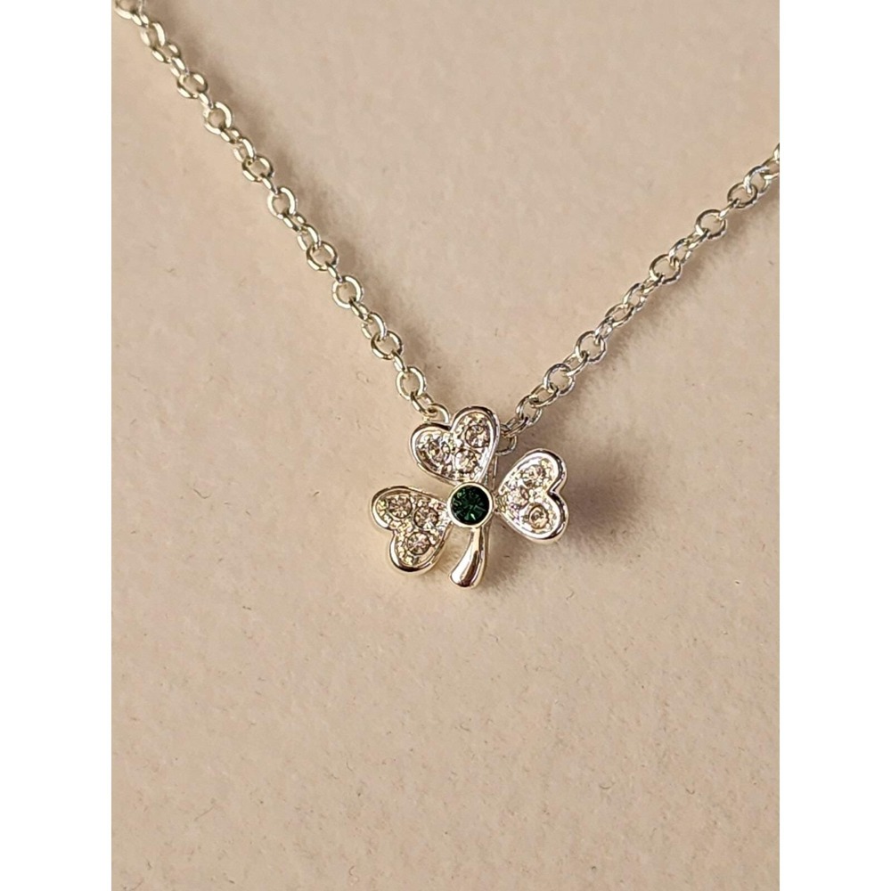 NVC Signed Clover Green Crystal & Silver Plate Necklace Lucky‎ FREE $HIPPING!!